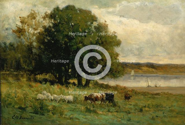 Untitled (cattle near river with sailboat in distance), n.d. Creator: Edward Mitchell Bannister.
