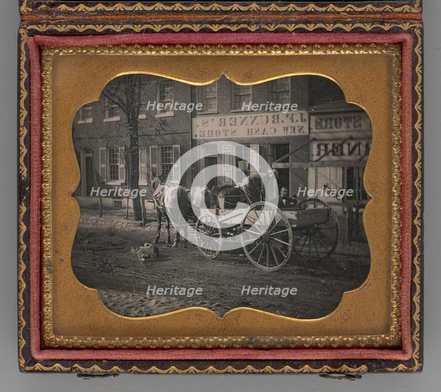 Untitled (City Scene with Horse-Drawn Carriage), 1853. Creator: Unknown.