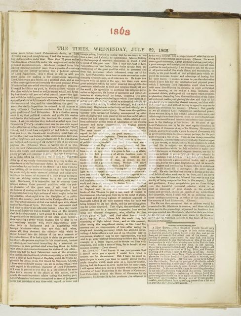 Untitled [cuttings from "The Times" newspaper], 22 July 1868.  Creator: Georgina Cowper.
