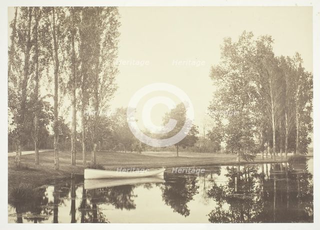 Untitled, c. 1850. [Boat on a lake in the Bois de Boulogne, a park in Paris].  Creator: Charles Marville.