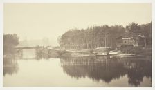 Untitled, c. 1850. [Bridge and chalet in the Bois de Boulogne, a park in Paris]. Creator: Charles Marville
