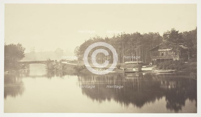 Untitled, c. 1850. [Bridge and chalet in the Bois de Boulogne, a park in Paris].  Creator: Charles Marville.