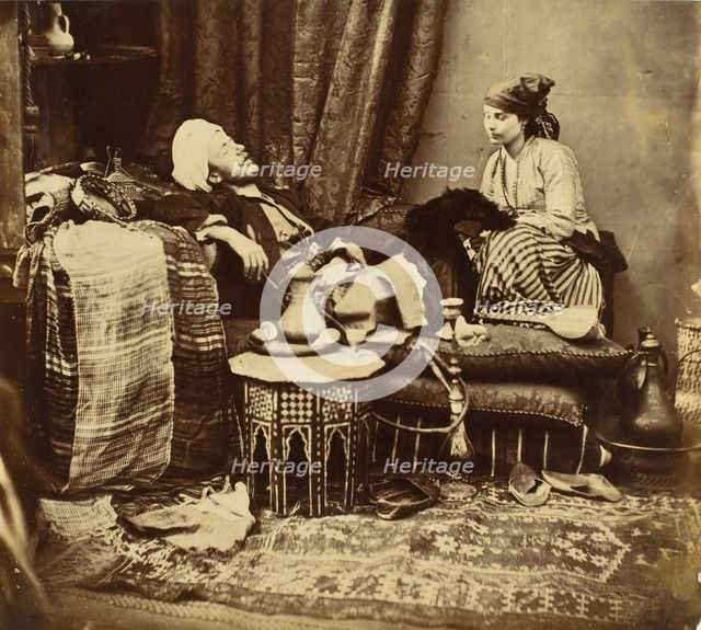 Untitled (Gentleman In Eastern Costume With Nubian Model), 1858. Creator: Roger Fenton.