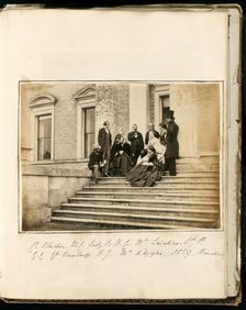 Untitled [group on the steps of Broadlands], 1859. Creator: Unknown