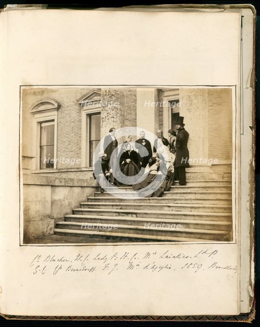 Untitled [group on the steps of Broadlands], 1859.  Creator: Unknown.