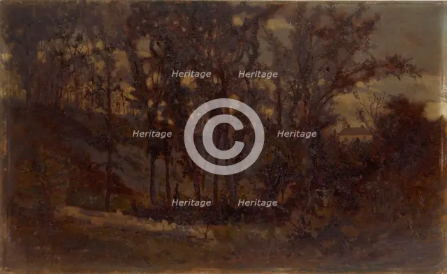 Untitled (forest scene, fallen tree in foreground and house in background), 1873. Creator: Edward Mitchell Bannister.