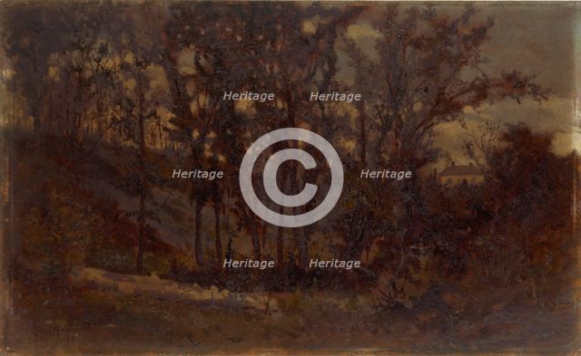 Untitled (forest scene, fallen tree in foreground and house in background), 1873. Creator: Edward Mitchell Bannister.
