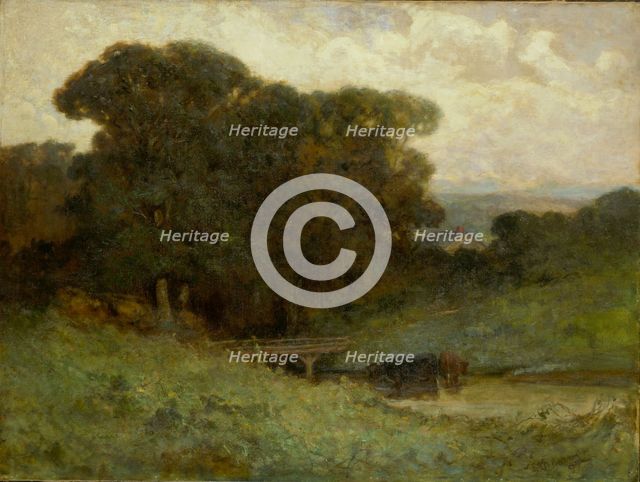 Untitled (forest scene with bridge, cows in stream in foreground), 1897. Creator: Edward Mitchell Bannister.