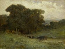 Untitled (forest scene with bridge, cows in stream in foreground), 1897. Creator: Edward Mitchell Bannister