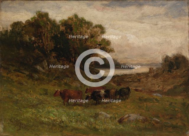 Untitled (five cows grazing with trees and river in background). Creator: Edward Mitchell Bannister.