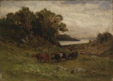 Untitled (five cows grazing with trees and river in background). Creator: Edward Mitchell Bannister
