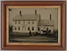 Untitled (House with Horse-Drawn Carriage and Three People), 1865. Creator: Unknown