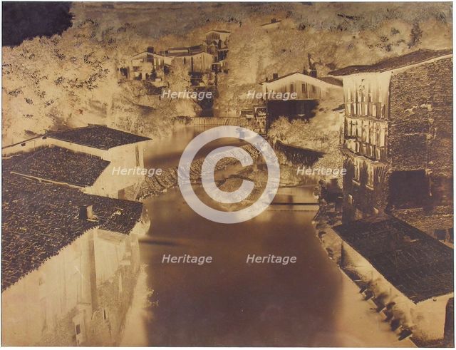 Untitled [houses by a river, possibly Italy or France], 1854.  Creator: Edouard Baldus.