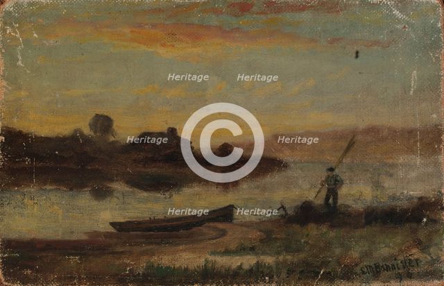 Untitled (landscape, boat moored near bank with man walking), 1896. Creator: Edward Mitchell Bannister.