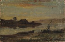 Untitled (landscape, boat moored near bank with man walking), 1896. Creator: Edward Mitchell Bannister