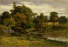 Untitled (landscape, boat moored near stream, man walking in foreground), 1879. Creator: Edward Mitchell Bannister