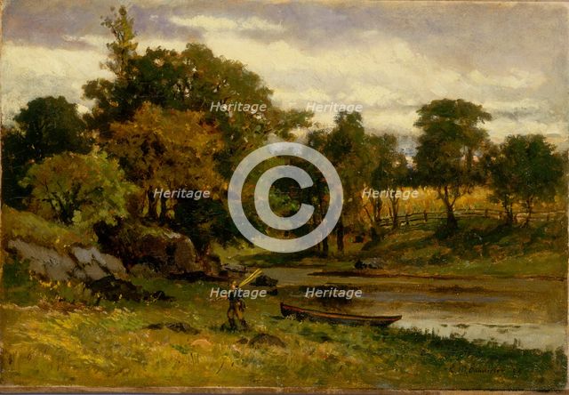 Untitled (landscape, boat moored near stream, man walking in foreground), 1879. Creator: Edward Mitchell Bannister.