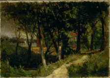 Untitled (landscape, forest scene with red fence and building), 1893. Creator: Edward Mitchell Bannister