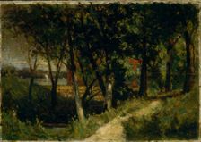 Untitled (landscape, forest scene with red fence and building), 1893. Creator: Edward Mitchell Bannister