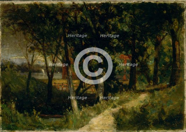 Untitled (landscape, forest scene with red fence and building), 1893. Creator: Edward Mitchell Bannister.
