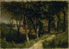Untitled (landscape, forest scene with red fence and building), 1893. Creator: Edward Mitchell Bannister