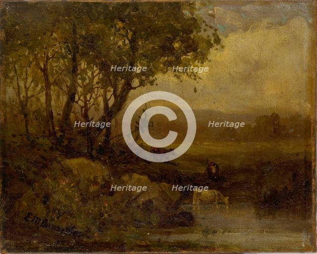 Untitled (landscape, riverbank, three cows). Creator: Edward Mitchell Bannister.