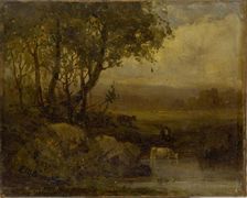 Untitled (landscape, riverbank, three cows). Creator: Edward Mitchell Bannister