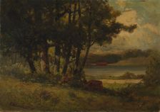 Untitled (landscape with cows grazing near river), 1891. Creator: Edward Mitchell Bannister