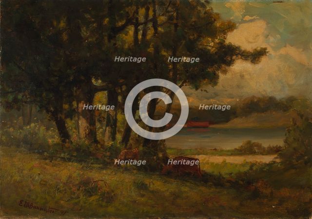 Untitled (landscape with cows grazing near river), 1891. Creator: Edward Mitchell Bannister.