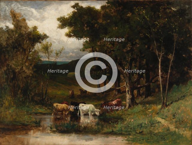 Untitled (landscape with cows in stream near trees), 1882. Creator: Edward Mitchell Bannister.