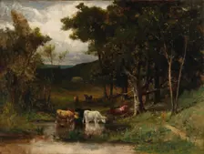 Untitled (landscape with cows in stream near trees), 1882. Creator: Edward Mitchell Bannister