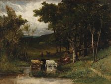Untitled (landscape with cows in stream near trees), 1882. Creator: Edward Mitchell Bannister