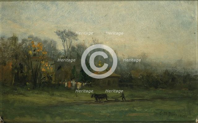 Untitled (landscape with man plowing fields), n.d. Creator: Edward Mitchell Bannister.