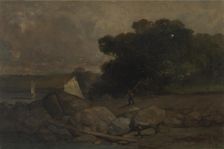 Untitled (landscape with rocks, man and sailboats), 1895. Creator: Edward Mitchell Bannister