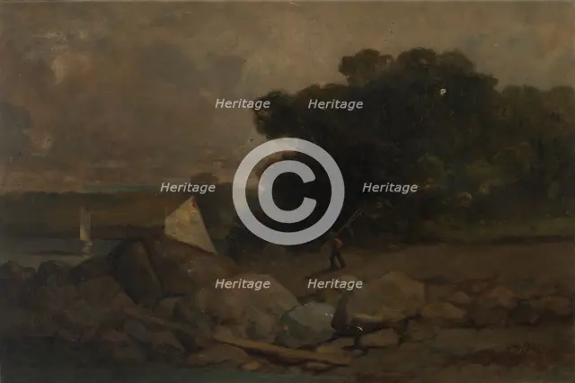 Untitled (landscape with rocks, man and sailboats), 1895. Creator: Edward Mitchell Bannister.