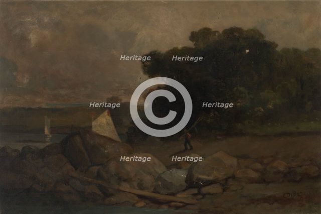 Untitled (landscape with rocks, man and sailboats), 1895. Creator: Edward Mitchell Bannister.