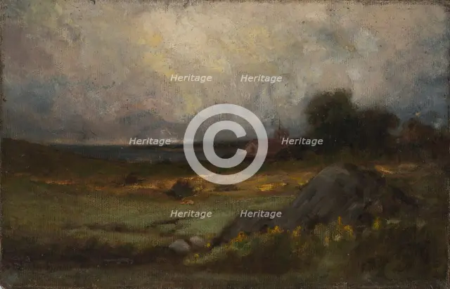 Untitled (landscape with rock in foreground and roof with steeple, lake in background), n.d. Creator: Edward Mitchell Bannister.