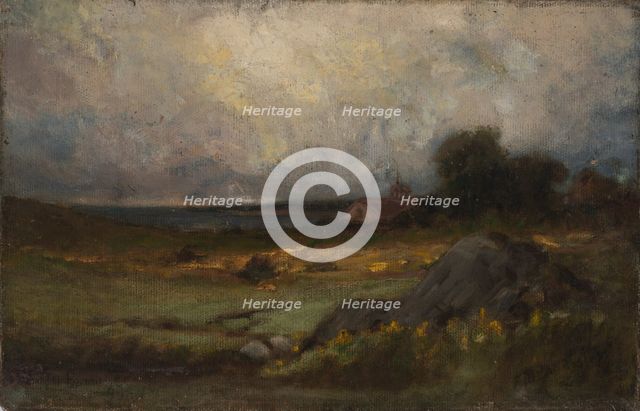 Untitled (landscape with rock in foreground and roof with steeple, lake in background), n.d. Creator: Edward Mitchell Bannister.