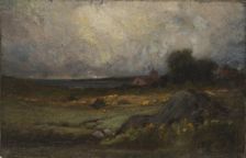Untitled (landscape with rock in foreground and roof with steeple, lake in background), n.d. Creator: Edward Mitchell Bannister