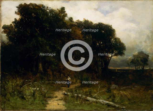 Untitled (landscape, woodcutter on path), 1879. Creator: Edward Mitchell Bannister.