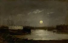 Untitled (moon over a harbor, wharf scene with full moon and masts of boats), ca. 1868. Creator: Edward Mitchell Bannister