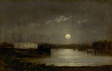 Untitled (moon over a harbor, wharf scene with full moon and masts of boats), ca. 1868. Creator: Edward Mitchell Bannister