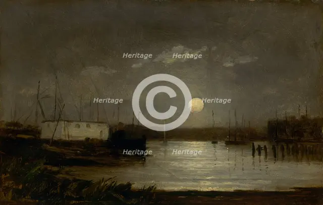 Untitled (moon over a harbor, wharf scene with full moon and masts of boats), ca. 1868. Creator: Edward Mitchell Bannister.