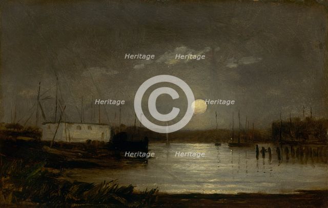 Untitled (moon over a harbor, wharf scene with full moon and masts of boats), ca. 1868. Creator: Edward Mitchell Bannister.