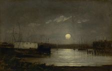 Untitled (moon over a harbor, wharf scene with full moon and masts of boats), ca. 1868. Creator: Edward Mitchell Bannister