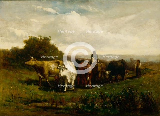 Untitled (man on horseback, woman on foot driving cattle), 1880. Creator: Edward Mitchell Bannister.