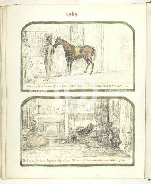 Untitled [man with horse, and couple relaxing by the fire], 1868. Creator: Georgina Cowper.