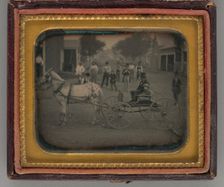 Untitled (Man with Top Hat and Boy atop Horse-Drawn Carriage), 1854. Creator: Unknown