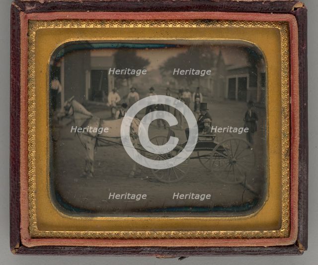 Untitled (Man with Top Hat and Boy atop Horse-Drawn Carriage), 1854. Creator: Unknown.