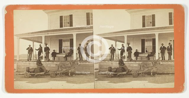 Untitled [Men on the porch of a house, with donkey cart], 1875/99.  Creator: Unknown.